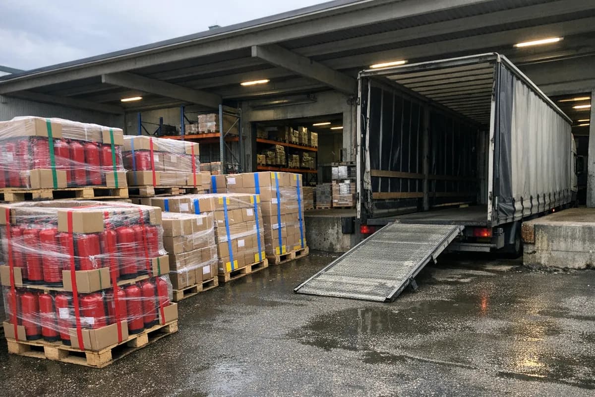Shrink-wrapped pallets of mixed fire-extinguisher SKUs at a Gothenburg warehouse dock with a curtain-side truck at the bay, no people visible.