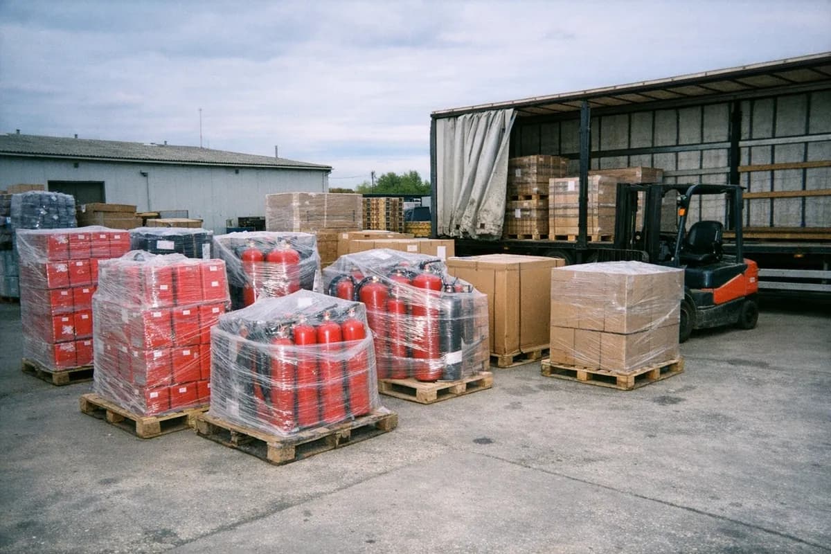 Mixed pallets of red fire extinguishers with different cylinder sizes staged beside an open curtain-sided trailer at a Poznań logistics yard, no people visible.