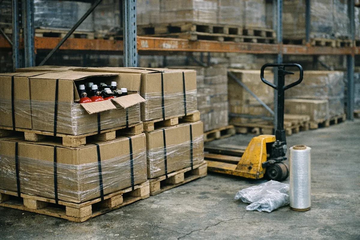 Pallets of boxed fire extinguishers with valve protection and heavy strapping in a Gothenburg warehouse racking bay.