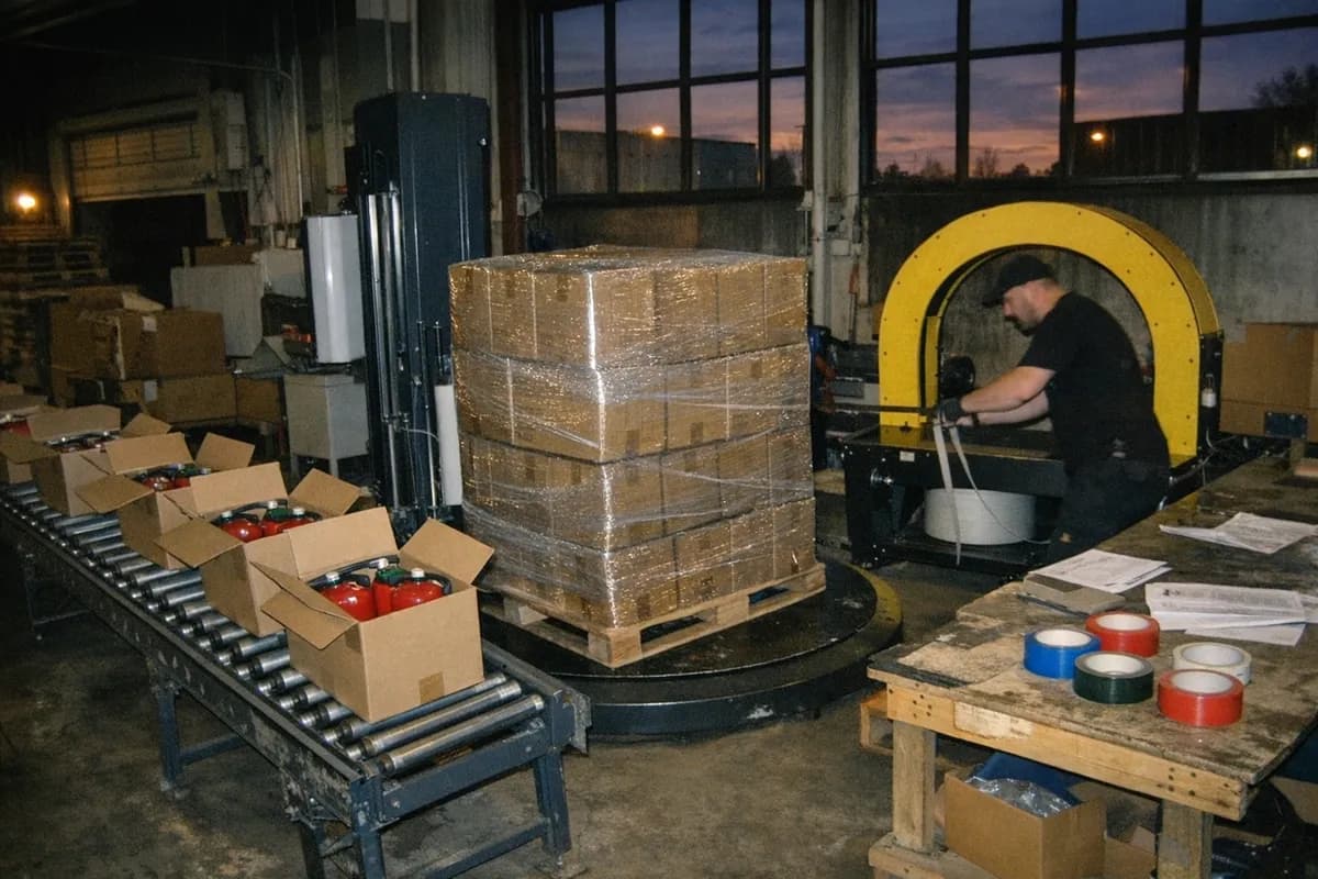 Conveyor and pallet-wrapper machinery packing extinguishers in a Swedish logistics hall, with a technician working in the background.