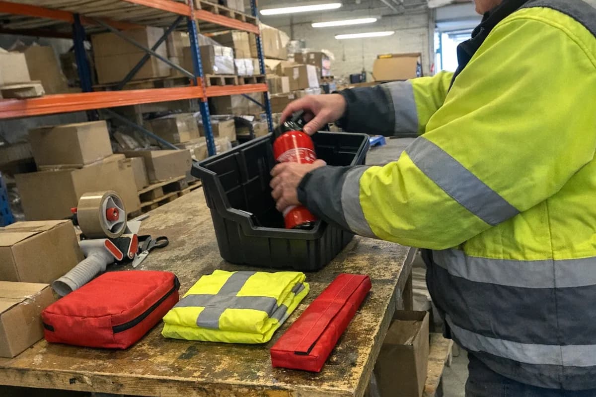 Worker assembling vehicle safety kits on a packing bench in a Stockholm warehouse, placing an extinguisher, red first-aid pouch, vest and warning triangle into a boot kit box.