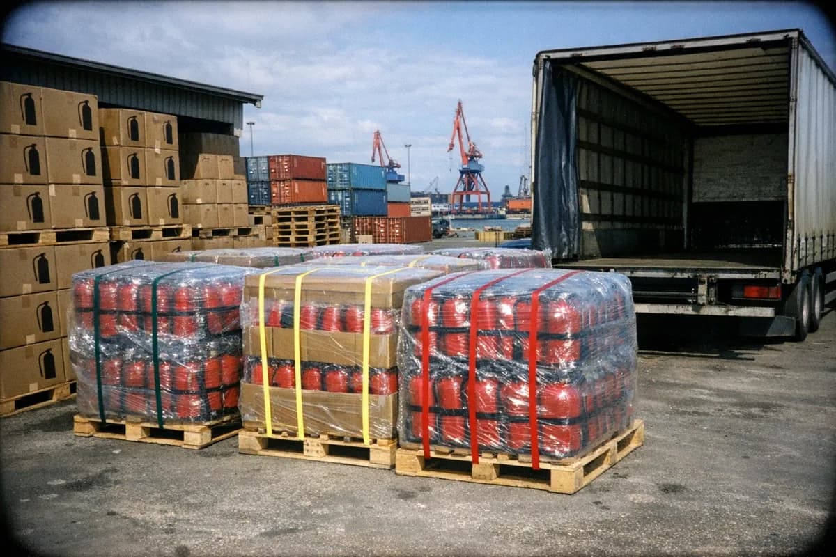 Palletised cartons of portable extinguishers wrapped and staged at a warehouse loading bay in Gothenburg with a curtain-side truck backed up.