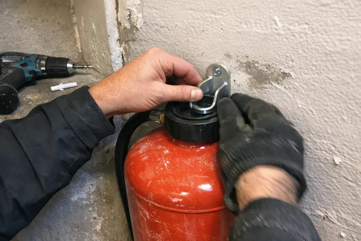 Tight frame on gloved hands clipping a metal hook wall hanger onto a red powder extinguisher against a painted concrete wall.
