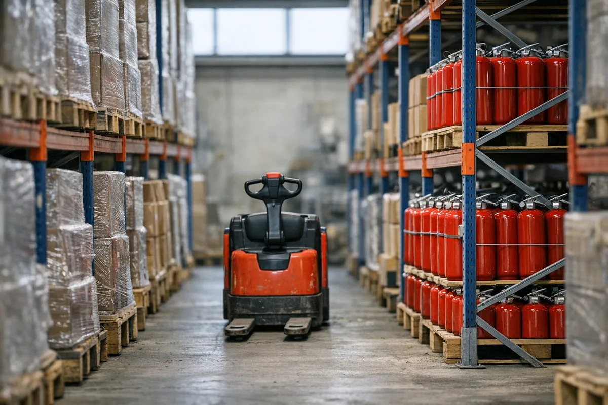 Pallets of shrink-wrapped cartons and stacked fire extinguisher cylinders on racking in a Gothenburg warehouse.