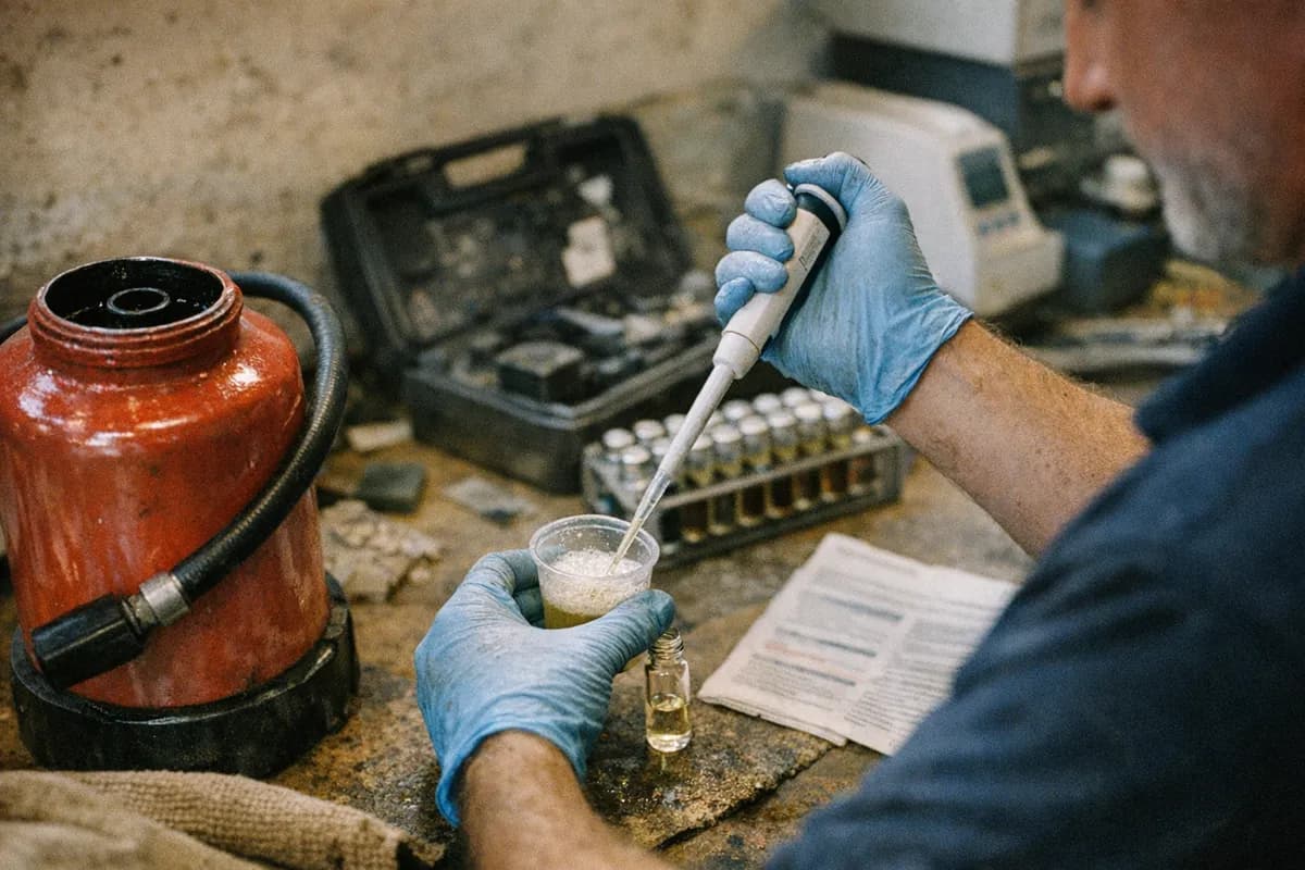 Gloved hands pipetting a foam sample from a VERDIS extinguisher into a clear vial on a lab bench in Poland.