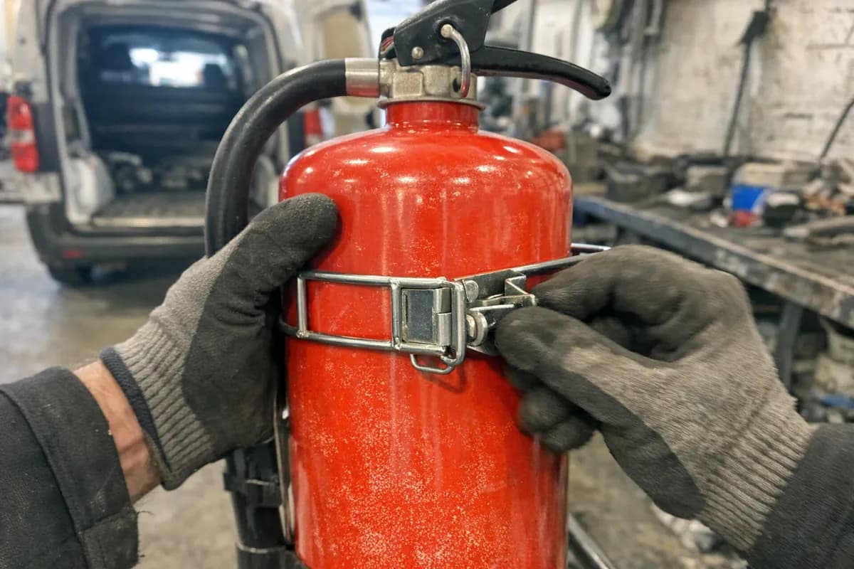 Gloved hands fitting a metal basket bracket onto a vehicle-format extinguisher in a Swedish fleet workshop.