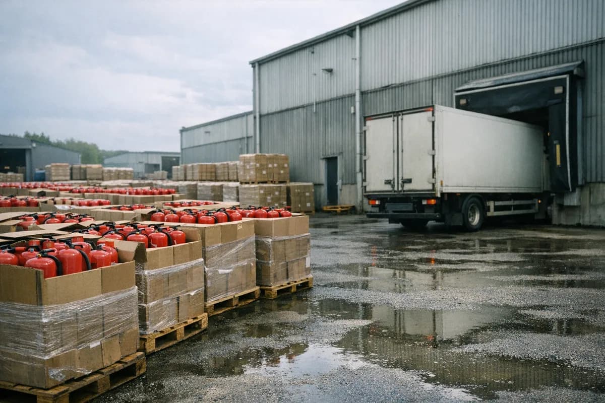 Wide exterior view of a Swedish wholesale fire-safety distributor loading yard with palletised cartons of extinguishers and a parked delivery truck.